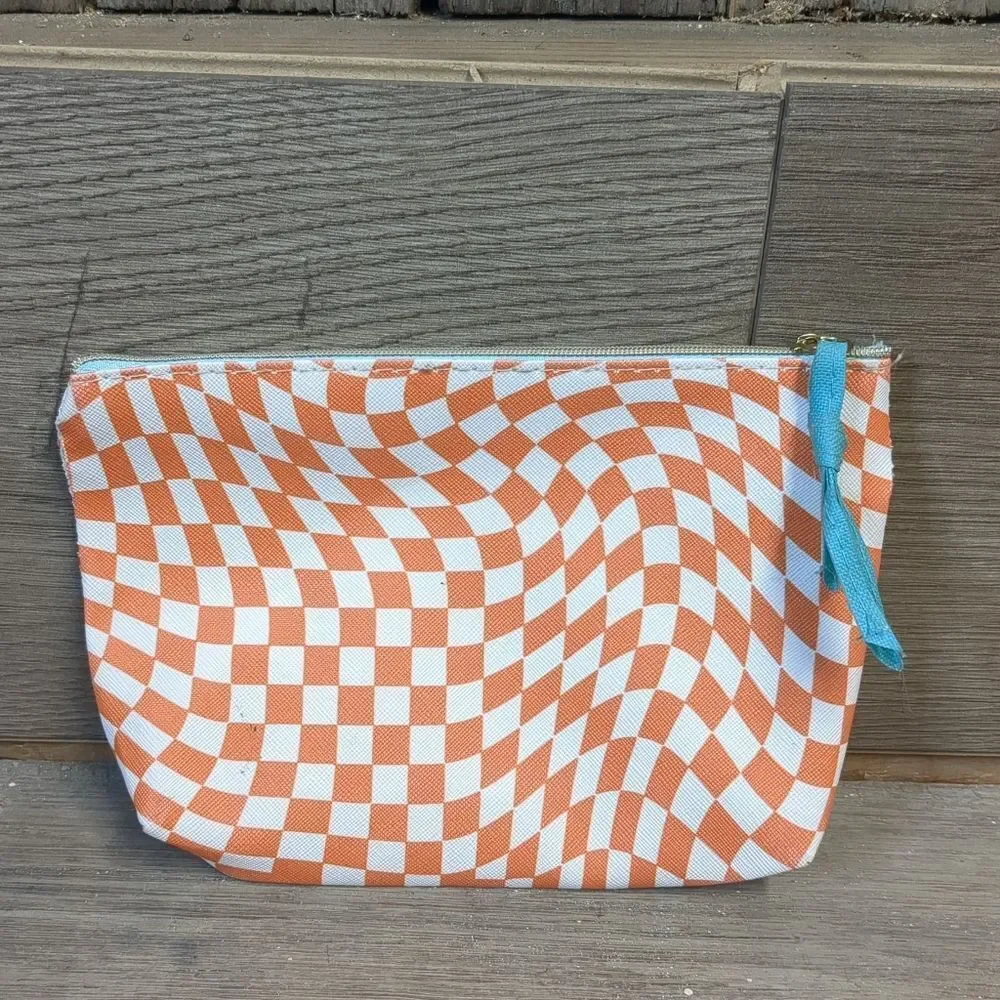 Good Vibes Orange & White Checkered Cosmetic Bag